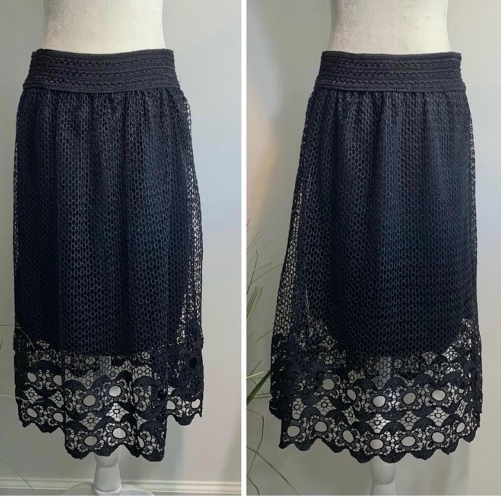 STUDIO West Apparel black lace overlay midi length wide waist band skirt